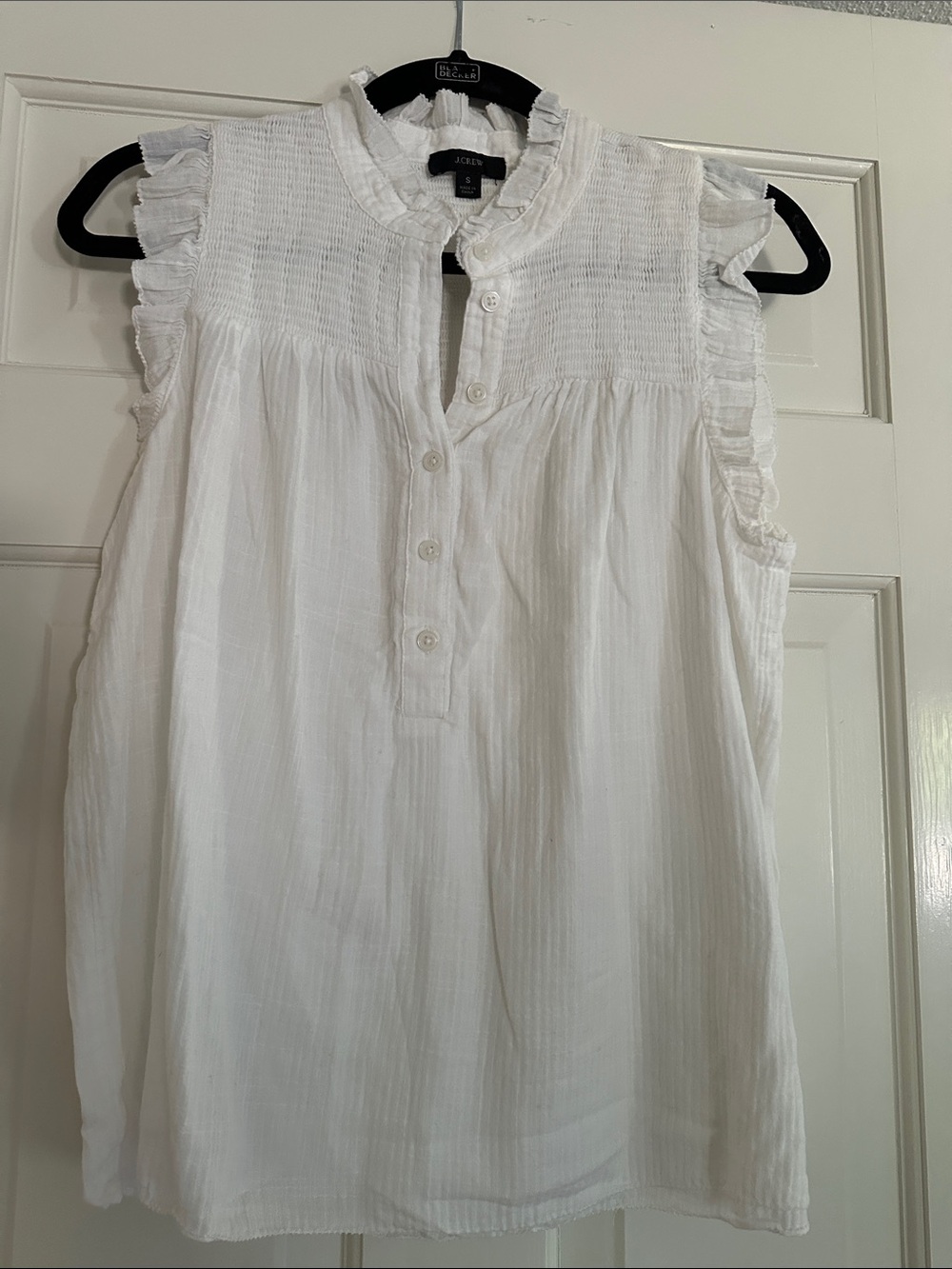 J. Crew White Sleeveless Ruffle Smocked Yoke Button-Up Top